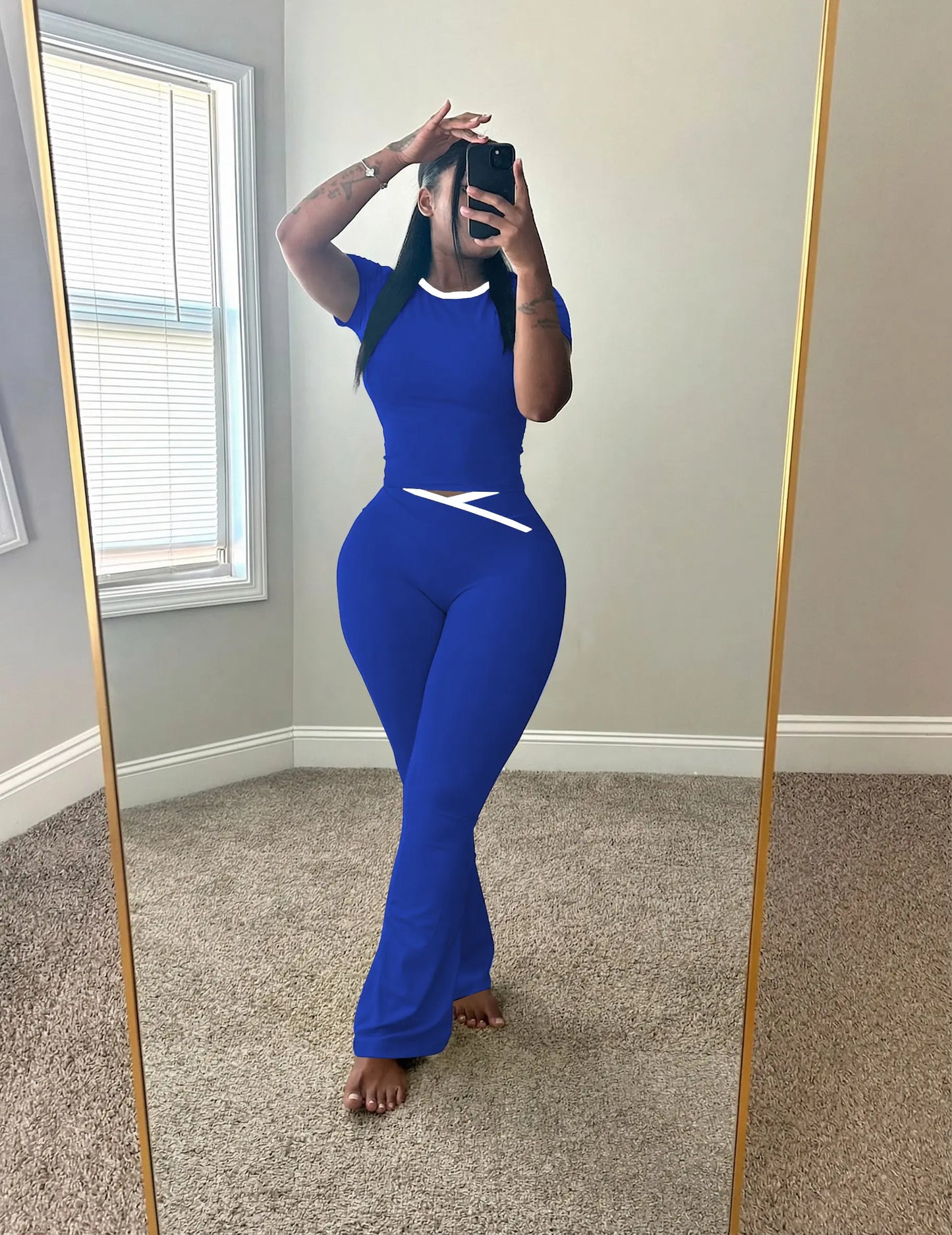 USBOUTIQUE CHIC Women's 2026 Summer 2-Piece Activewear Set: Short Sleeve Crop Top & Crisscross Waist Flare Leggings