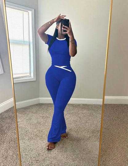 USBOUTIQUE CHIC Women's 2026 Summer 2-Piece Activewear Set: Short Sleeve Crop Top & Crisscross Waist Flare Leggings