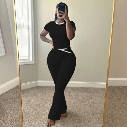 USBOUTIQUE CHIC Women's 2026 Summer 2-Piece Activewear Set: Short Sleeve Crop Top & Crisscross Waist Flare Leggings