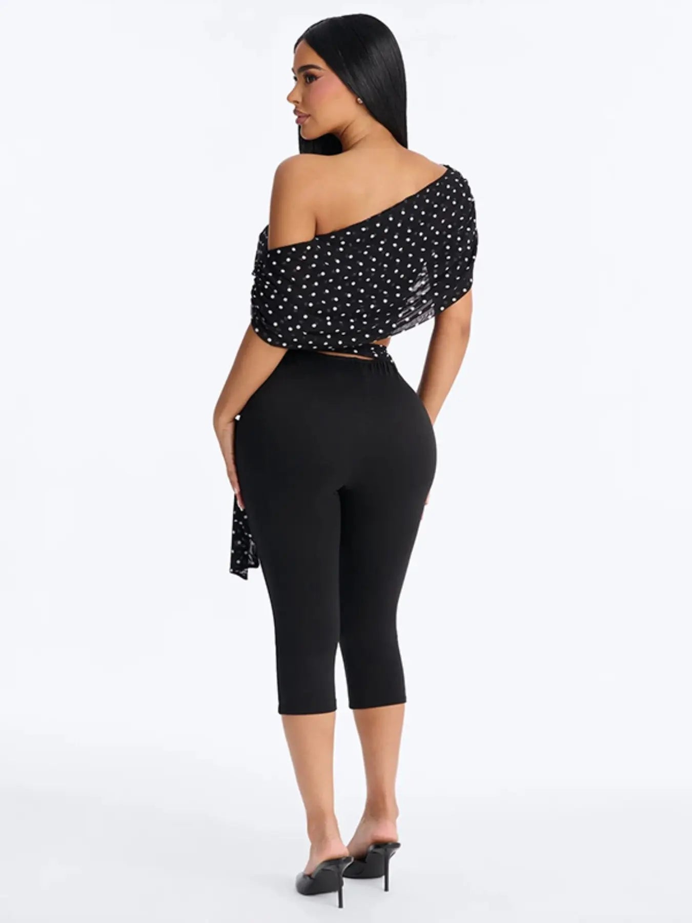 Women's Two-Piece Polka Dot Fitted Crop Top and Slim Fit Long Pants Set with Ribbon Detail, Ideal for Vacation and Parties