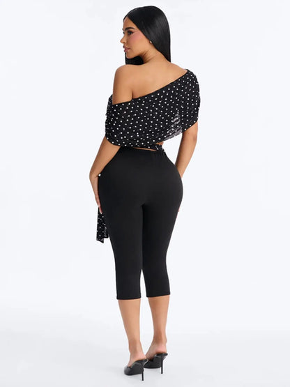 Women's Two-Piece Polka Dot Fitted Crop Top and Slim Fit Long Pants Set with Ribbon Detail, Ideal for Vacation and Parties