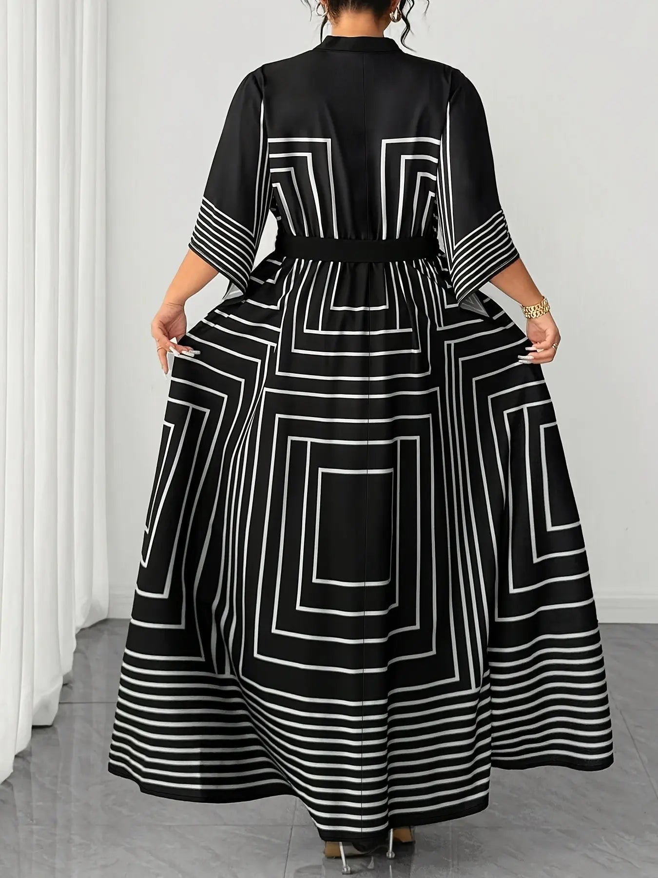 Plus Size Women's Geometric Print Long Dress with Stand Collar and Button Front, Abstract Line Design for Casual Office Wear
