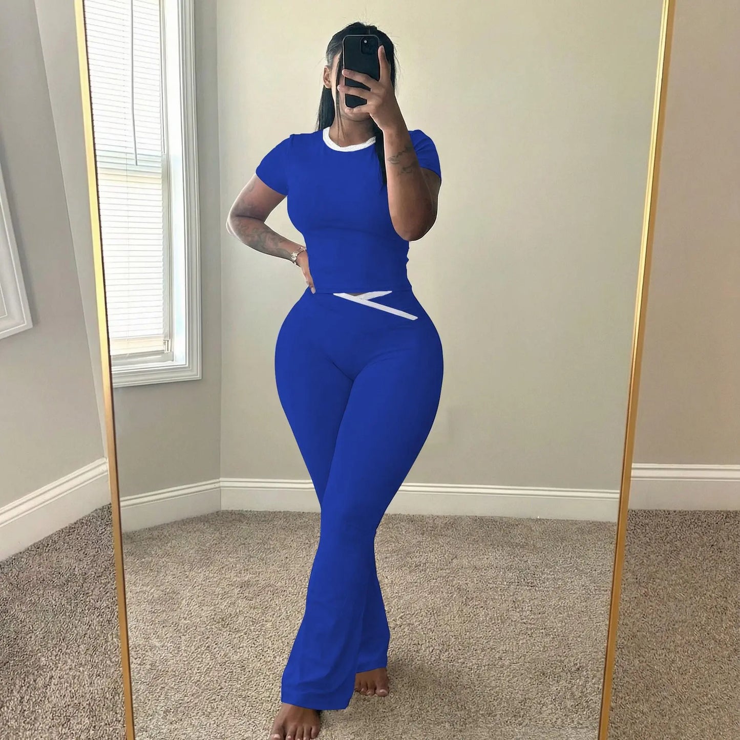 USBOUTIQUE CHIC Women's 2026 Summer 2-Piece Activewear Set: Short Sleeve Crop Top & Crisscross Waist Flare Leggings