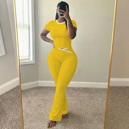 USBOUTIQUE CHIC Women's 2026 Summer 2-Piece Activewear Set: Short Sleeve Crop Top & Crisscross Waist Flare Leggings