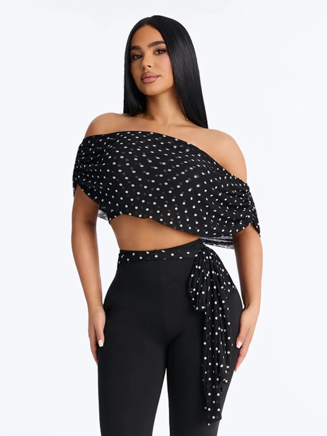 Women's Two-Piece Polka Dot Fitted Crop Top and Slim Fit Long Pants Set with Ribbon Detail, Ideal for Vacation and Parties