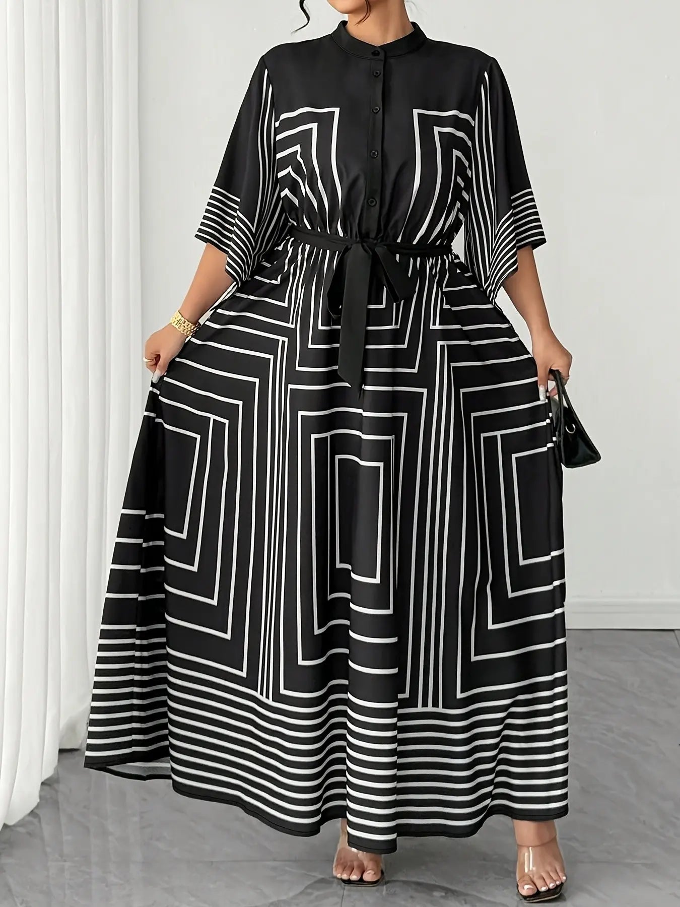 Plus Size Women's Geometric Print Long Dress with Stand Collar and Button Front, Abstract Line Design for Casual Office Wear