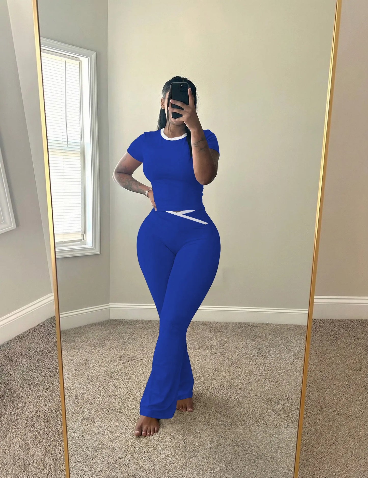 USBOUTIQUE CHIC Women's 2026 Summer 2-Piece Activewear Set: Short Sleeve Crop Top & Crisscross Waist Flare Leggings