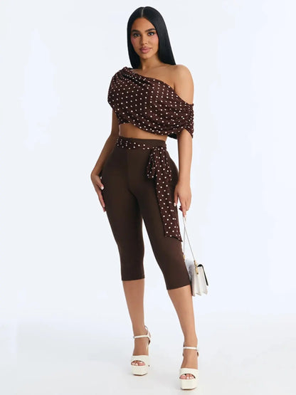 Women's Two-Piece Polka Dot Fitted Crop Top and Slim Fit Long Pants Set with Ribbon Detail, Ideal for Vacation and Parties