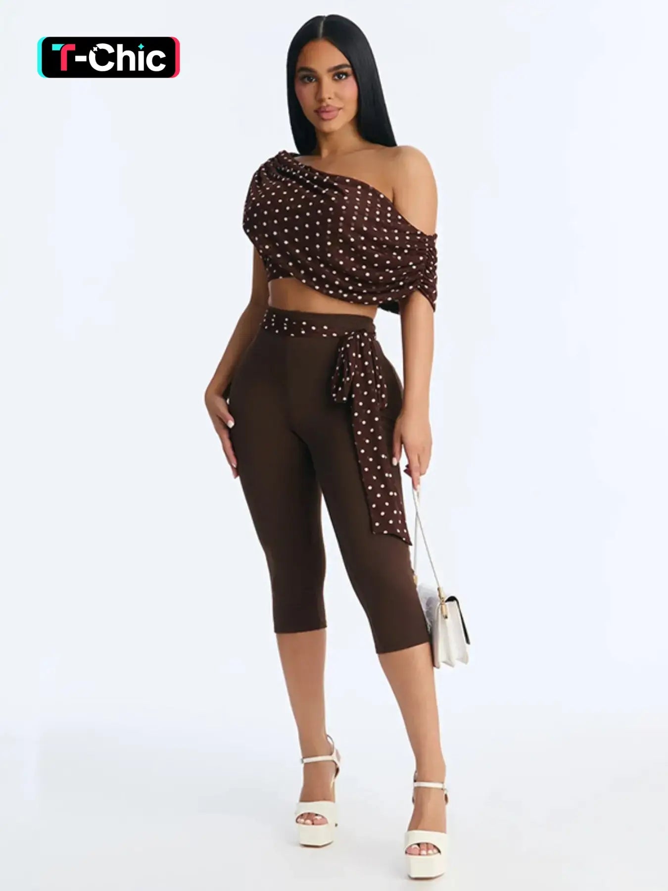 Women's Two-Piece Polka Dot Fitted Crop Top and Slim Fit Long Pants Set with Ribbon Detail, Ideal for Vacation and Parties