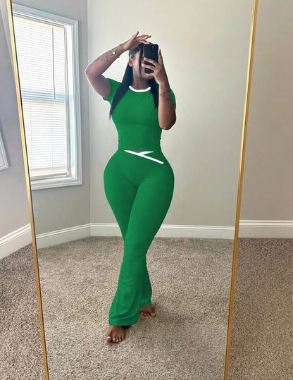 USBOUTIQUE CHIC Women's 2026 Summer 2-Piece Activewear Set: Short Sleeve Crop Top & Crisscross Waist Flare Leggings
