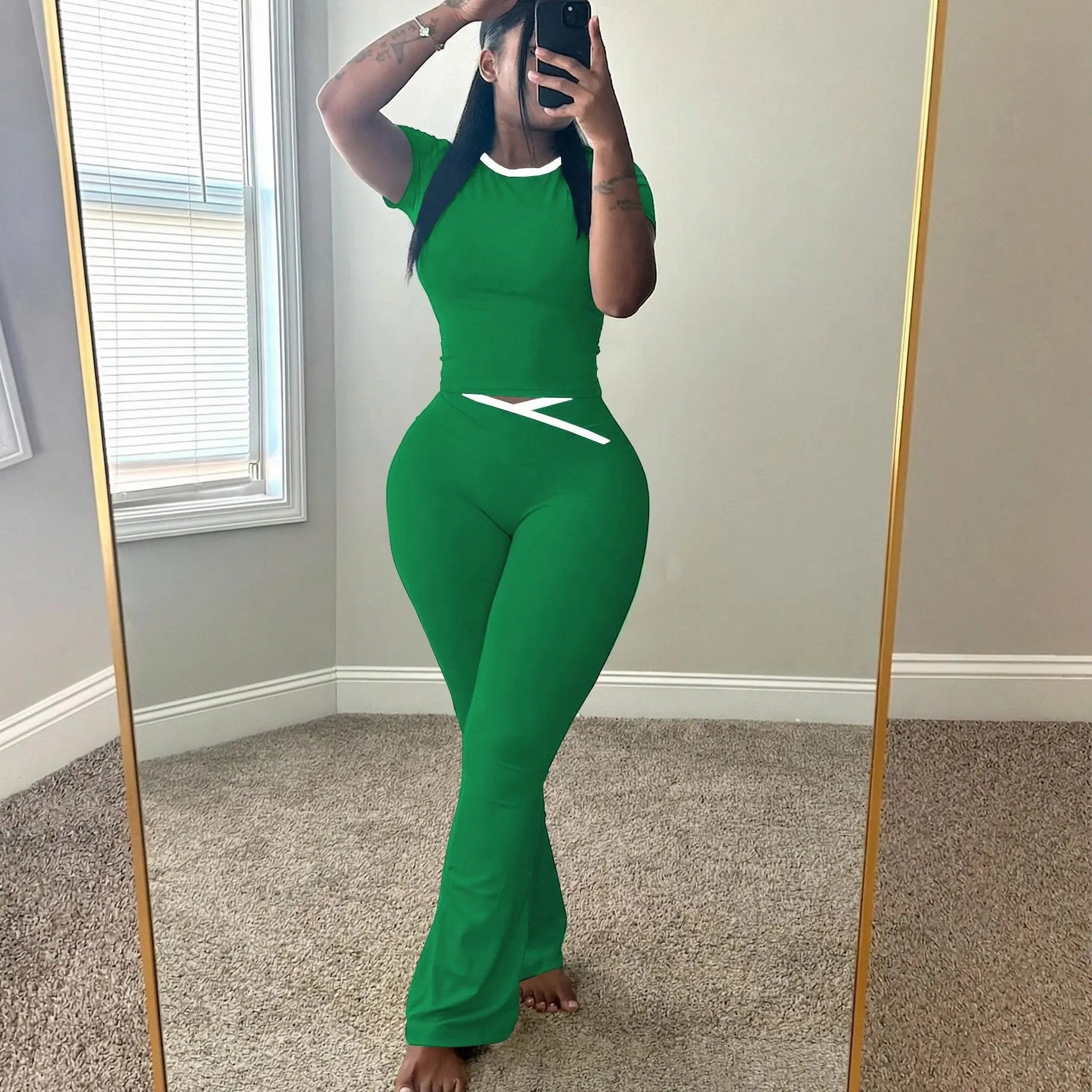 USBOUTIQUE CHIC Women's 2026 Summer 2-Piece Activewear Set: Short Sleeve Crop Top & Crisscross Waist Flare Leggings