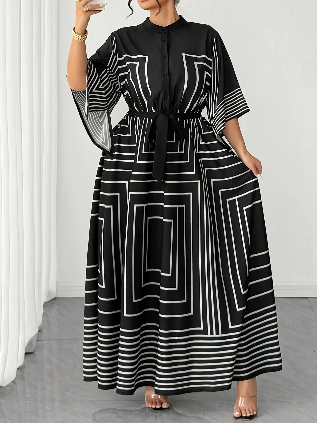 Plus Size Women's Geometric Print Long Dress with Stand Collar and Button Front, Abstract Line Design for Casual Office Wear