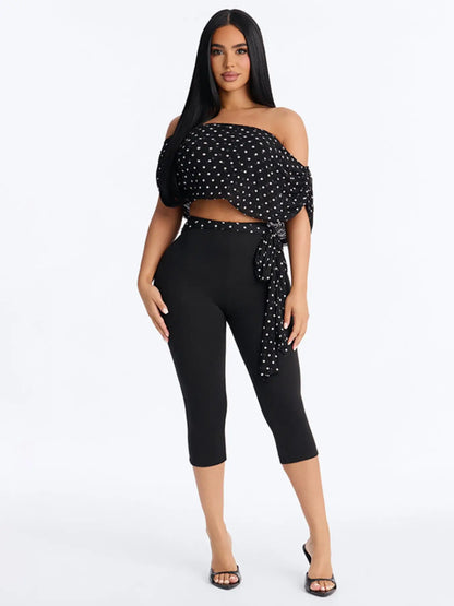 Women's Two-Piece Polka Dot Fitted Crop Top and Slim Fit Long Pants Set with Ribbon Detail, Ideal for Vacation and Parties