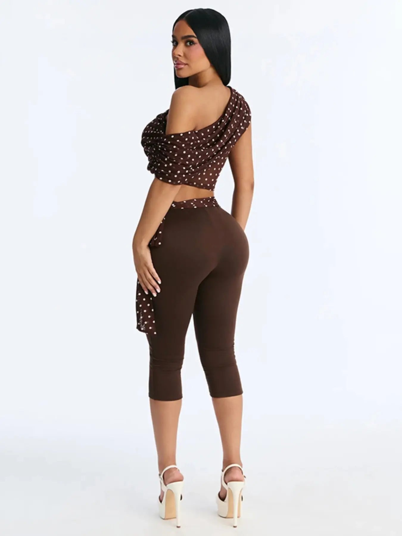 Women's Two-Piece Polka Dot Fitted Crop Top and Slim Fit Long Pants Set with Ribbon Detail, Ideal for Vacation and Parties