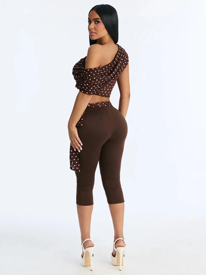 Women's Two-Piece Polka Dot Fitted Crop Top and Slim Fit Long Pants Set with Ribbon Detail, Ideal for Vacation and Parties